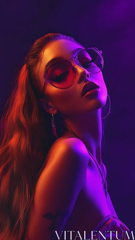 Woman in neon purple and orange light wearing sunglasses.