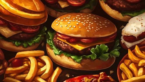 Gourmet cheeseburgers with fries under rich golden lighting.