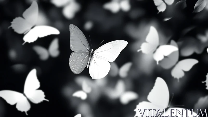 Monochrome butterflies drift through soft blurred bokeh field.