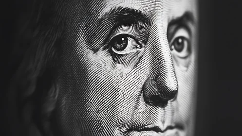 Close-up engraving detail of a historical face on currency.