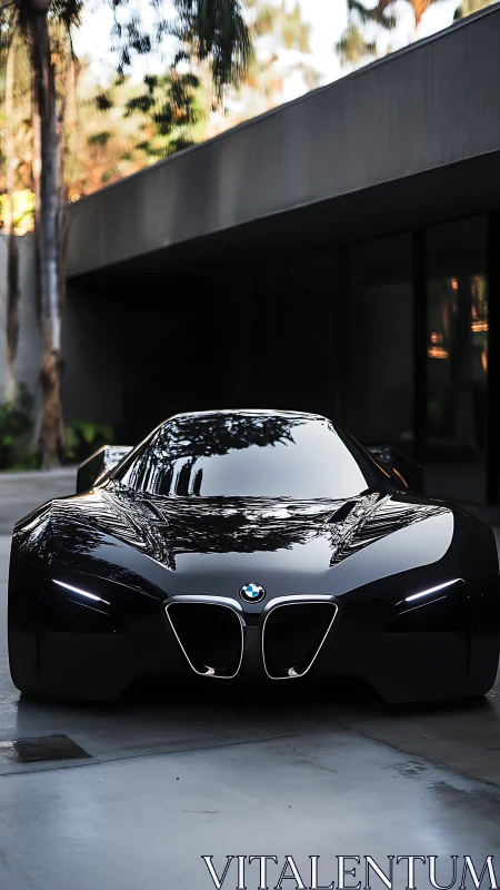 Low-angle frontal capture of glossy black BMW concept car