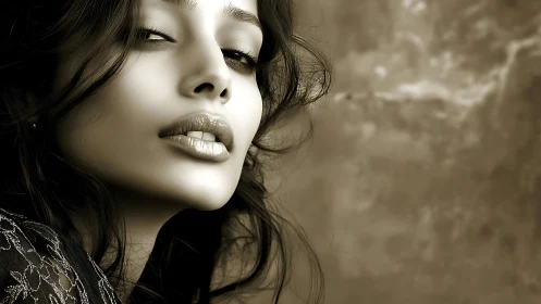 Sepia portrait captures luminous gaze and flowing hair.