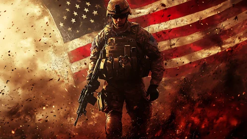 Armed soldier advances before distressed United States flag backdrop