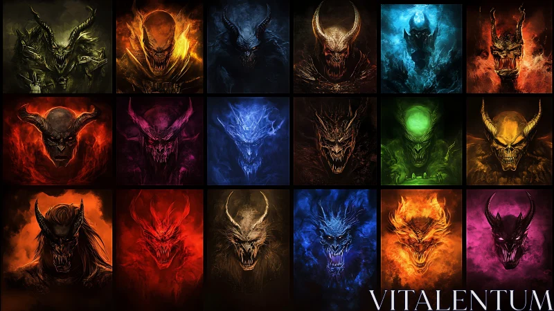 Elemental demonic portraits grid with horned skull visages in fire and mist