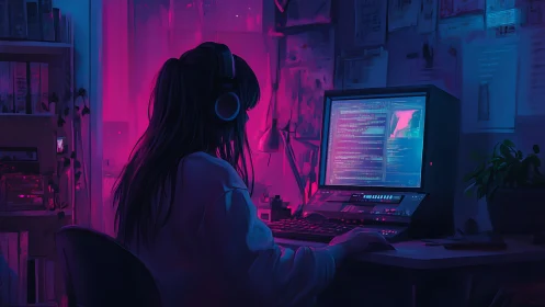 Late-night coder in neon glow at a cozy retro desk.