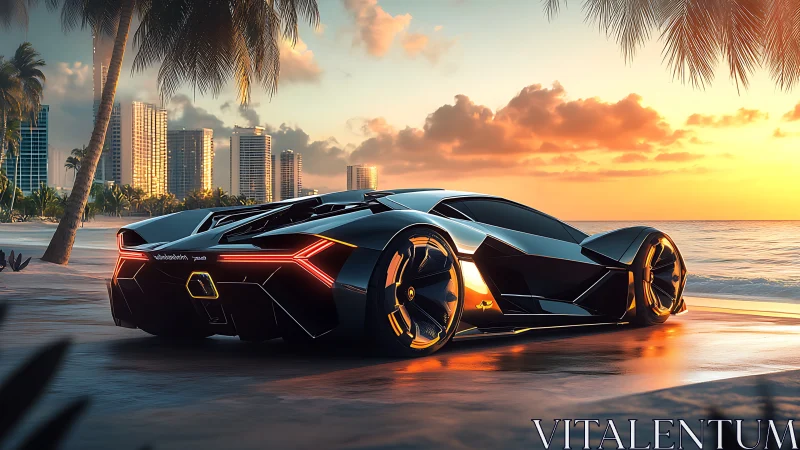 Futuristic supercar reflects sunset hues on sleek coastal boulevard