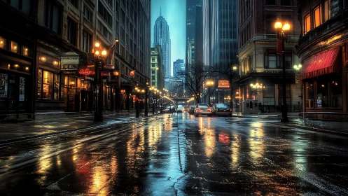 Rain-polished city canyon mirrors neon, steel, and night traffic