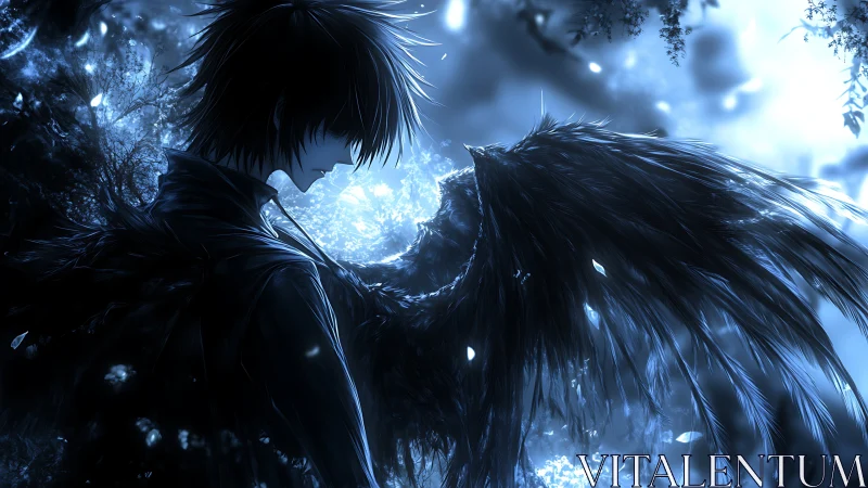 Winged figure silhouette before luminous forest light.