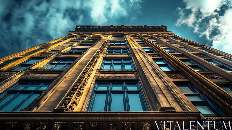 Upward perspective of ornate high-rise façade under dramatic sky