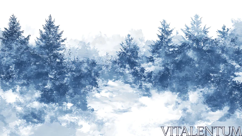 Monochrome conifer forest rendered in diffuse watercolor layers
