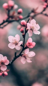 Cherry Blossom Branch with Pink Petals and Buds