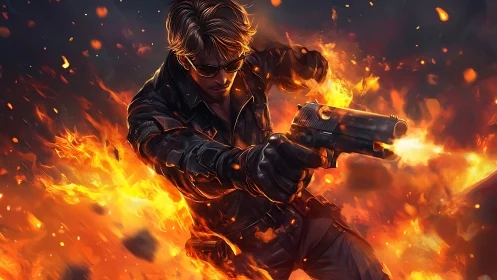 Blazing action hero dives through swirling storm of fire.