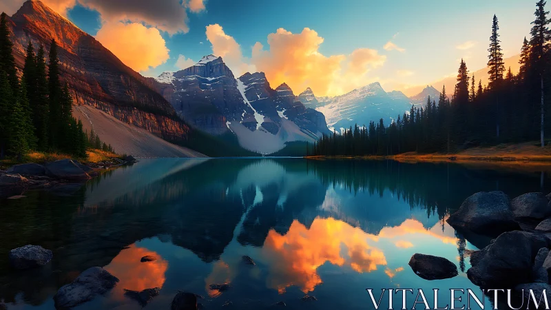 Mountain lake with reflected peaks and conifer shoreline.