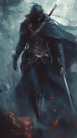 Armored spectral swordsman emerging through incendiary fog.