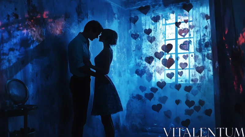 Couple in Blue Room with Floating Hearts.