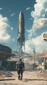 Armored wanderer marches toward rusted frontier rocketship.