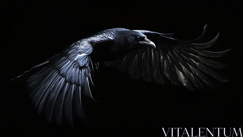 Midnight raven glides through shadow with gleaming wings.