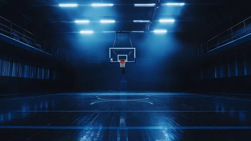 Basketball hoop under cinematic blue arena spotlight at night.