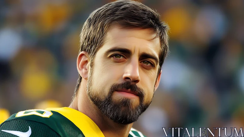 Close-up portrait of football player in green uniform.