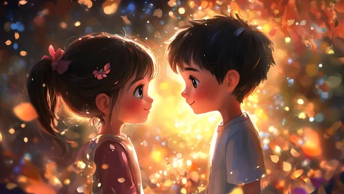 Two Children Face Each Other in Glowing Particle Light