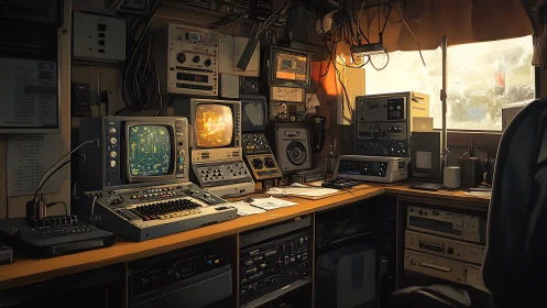 Cozy retro control room glowing with vintage tech warmth.