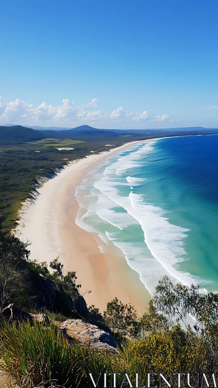 Long curving surf beach stretches below coastal headland