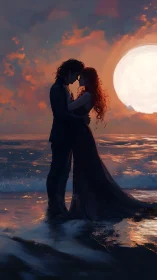 Two figures embrace at shore as colossal sun dominates luminous seascape.