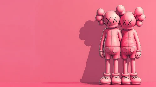 Twin bubblegum figures lean into candy-pink stillness.