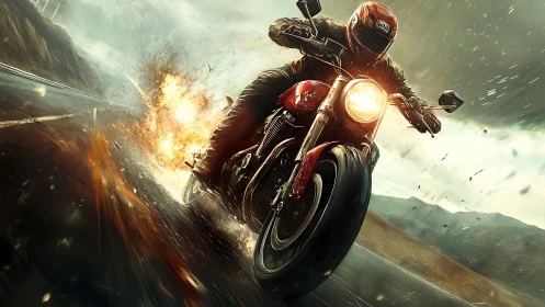 Firetrail rider bursting through stormlit mountain highway.