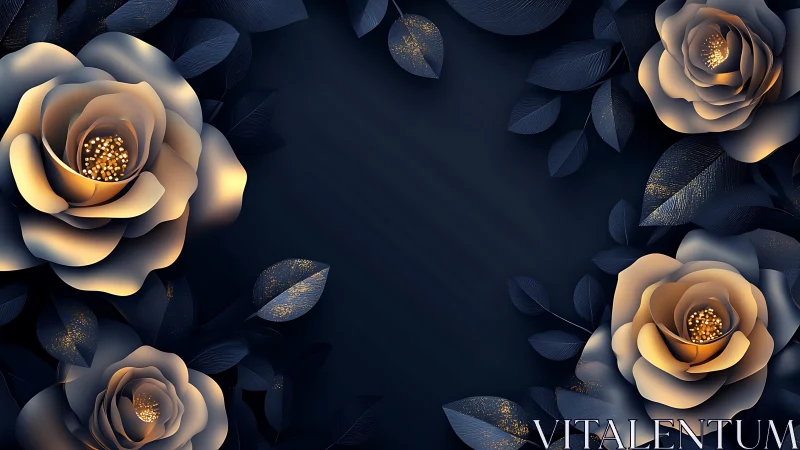 Golden floral roses arranged on dark navy background with ambient lighting
