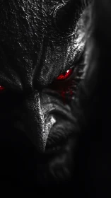 Demonic horned face in shadow with burning red eyes.