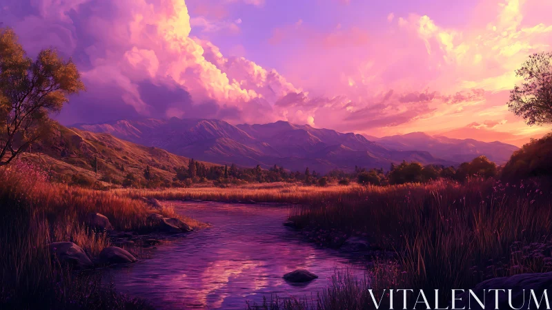 Spectral dusk over riparian valley with volumetric cloudforms.