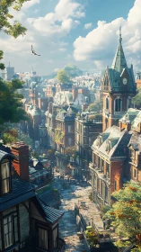 Sunlit neo-Victorian city street rendered in detailed digital painting
