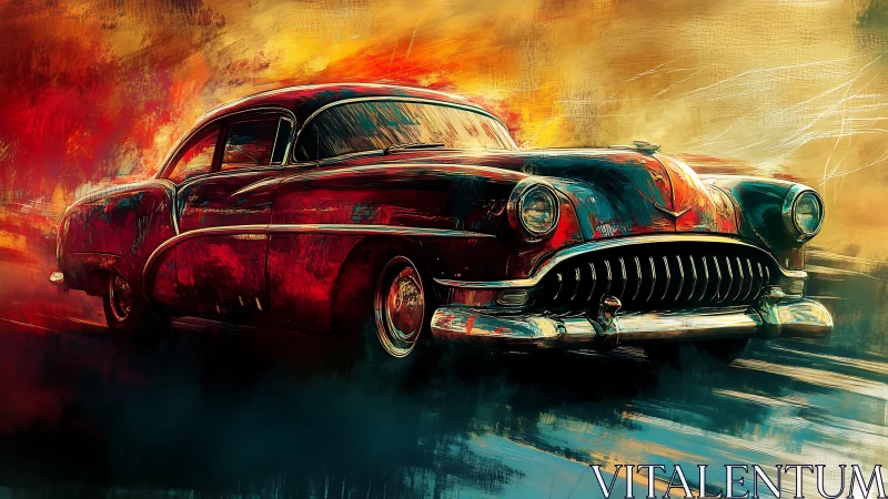 Vintage coupe surges through abstract inferno in dynamic hues