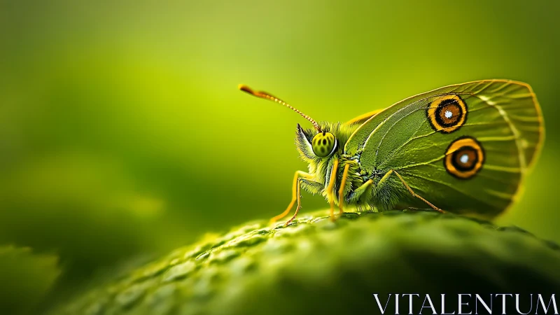 High-magnification macro profile of green butterfly on leaf edge