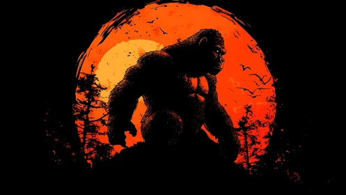 Gorilla silhouette stands before large red setting sun