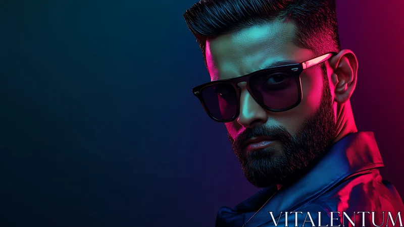 Moody neon portrait highlights angular features and style.