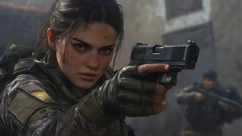 Storm-eyed soldier aims steel resolve through rain-soaked ruins.