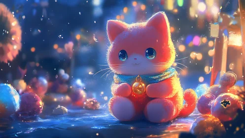 Glowing Maneki-Neko: A Lucky Cat's Enchanted Evening.