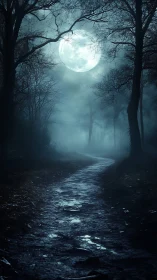 Moonlit forest path inviting quiet late night wanderings.