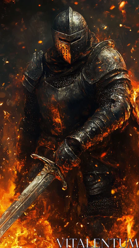 Firelit armored knight stands strong within rising flames