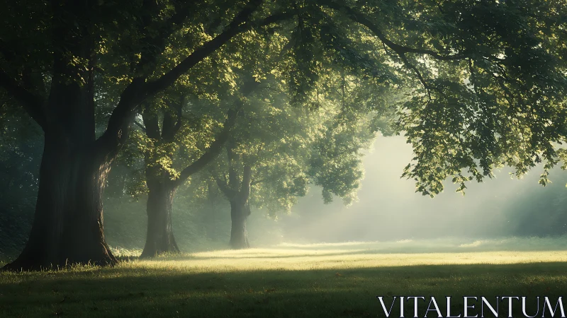 Morning sunlight cutting through trees in quiet green park.