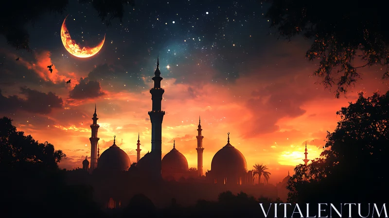 Silhouetted mosque complex stands beneath crescent moon sky
