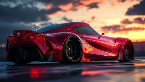 Sunset-lit red sports coupe with sculpted aerodynamic curves.
