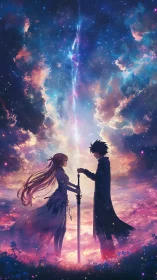 Dual silhouetted swordsman and swordswoman in luminous nebula sky