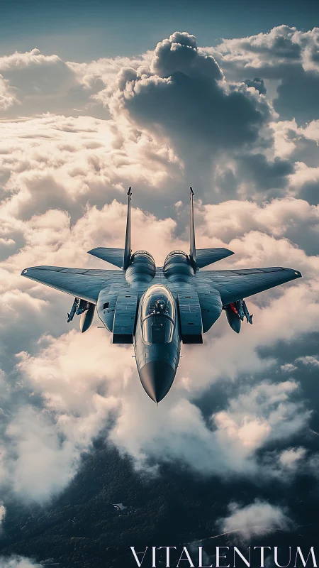 Twin‑engine tactical fighter jet above stratocumulus deck