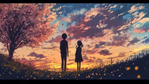 Silhouetted couple under cherry tree against radiant anime dusk