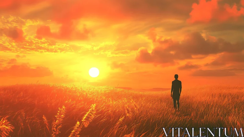 Solitary figure crossing ember-lit grassland at sunset.