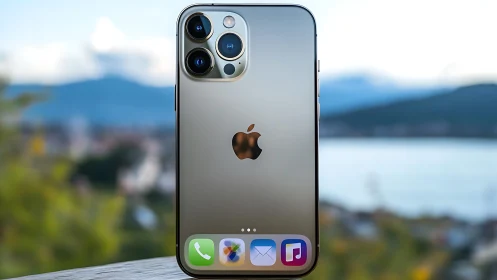 iPhone 12 Pro displaying app icons against scenic mountain backdrop.