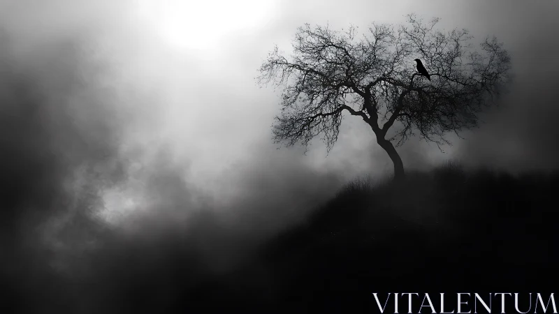 Solitary tree with perched crow rises through dense fog